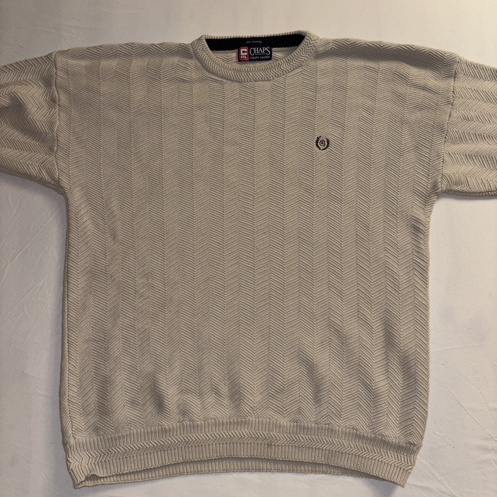 Vintage Chaps Ralph Lauren Sweater Men XL Beige Cream Herringbone Knit Crewneck - Picture 5 of 11